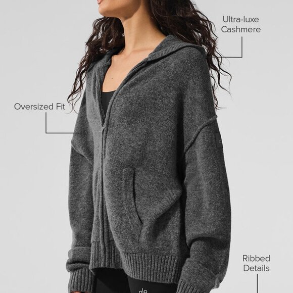 Alo Yoga New Class Cashmere Full Zip Hoodie Platinum Grey - Picture 4 of 5